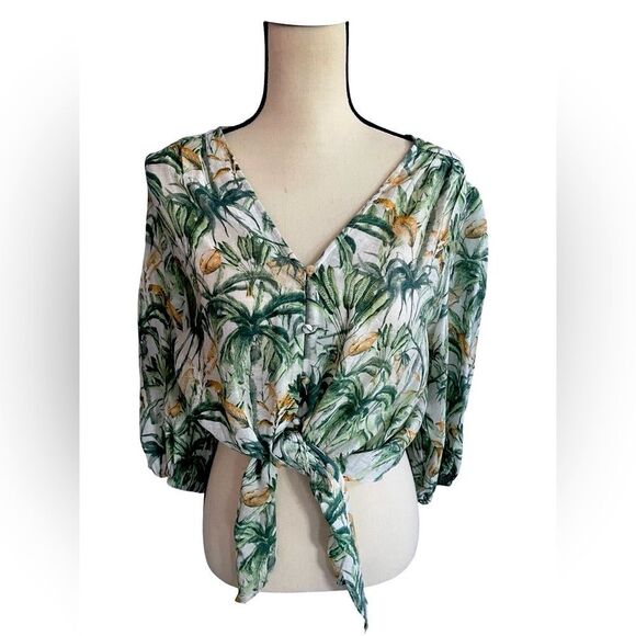 C by One - Tropical Green Tie-Front Blouse. - Picture 1 of 9